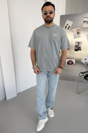 Yıkamalı Nakış Detaylı Gri T-Shirt TS1001