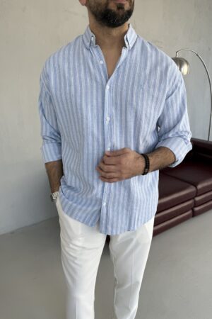 Mavi  Renk Çizgili Regular Kalıp Oksfort Gömlek GM1003