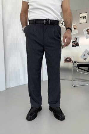 Gri çizgili Baggy  kalıp kumaş pantolon BG1001