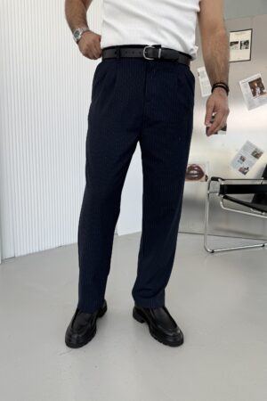 Lacivert çizgili baggy kalıp kumaş pantolon BG1001