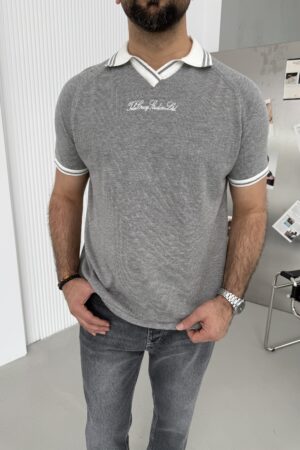 Gri Yakalı Sırt Baskılı Triko Tshırt GNG1001