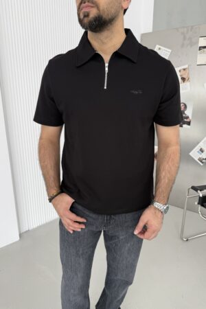 Siyah Yakalı Fermuarlı Pike Kumaş Tshırt SPR1001