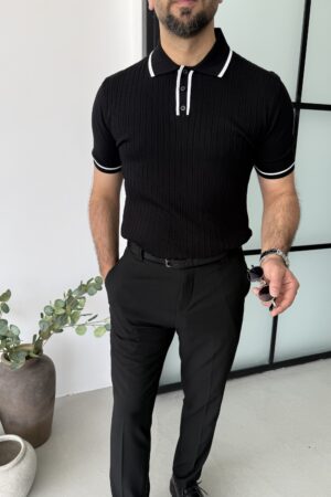 Siyah Yakalı Düğmeli Pamuk Triko Tshırt  YTS1002