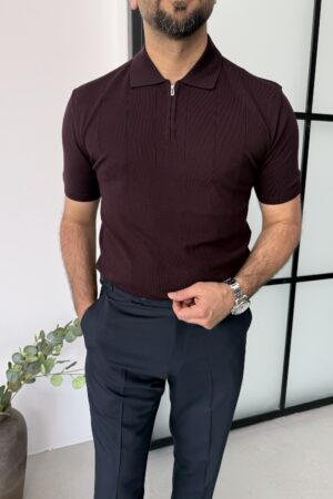 Bordo Yakalı Fermuarlı Pamuk Triko Tshırt  YTS1001