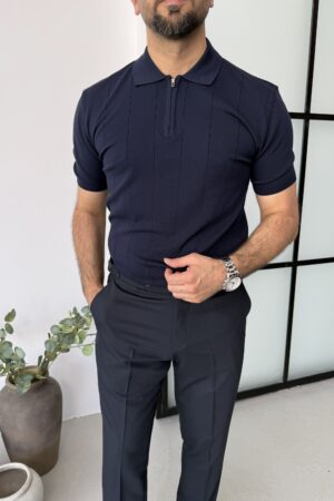 Lacivert Yakalı Fermuarlı Pamuk Triko Tshırt  YTS1001