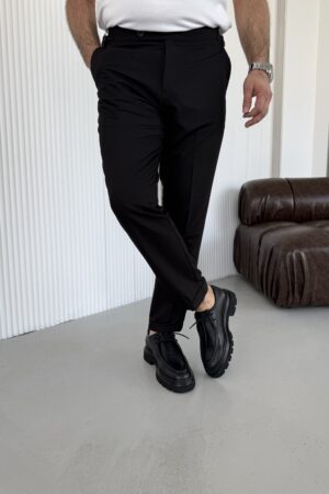 Siyah Hafif parlak dokulu yandan  tokalı kumaş pantalon PT1002