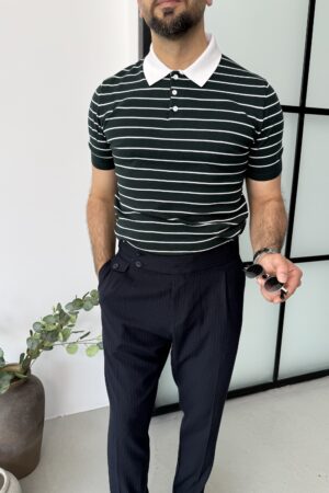 Yeşil Yakalı Düğmeli Çizgi Detaylı Triko Tshırt MSM1001